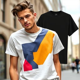 A stylish and modern t-shirt with a graphic design featuring bold geometric shapes and vibrant colors