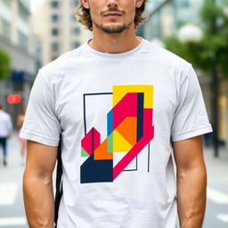 A stylish and modern t-shirt with a graphic design featuring bold geometric shapes and vibrant colors