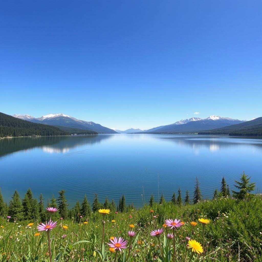 A vast wilderness landscape featuring a serene lake reflecting a clear blue sky, surrounded by lush green forests and distant snow-capped mountains