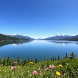 A vast wilderness landscape featuring a serene lake reflecting a clear blue sky, surrounded by lush green forests and distant snow-capped mountains