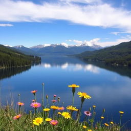 A vast wilderness landscape featuring a serene lake reflecting a clear blue sky, surrounded by lush green forests and distant snow-capped mountains