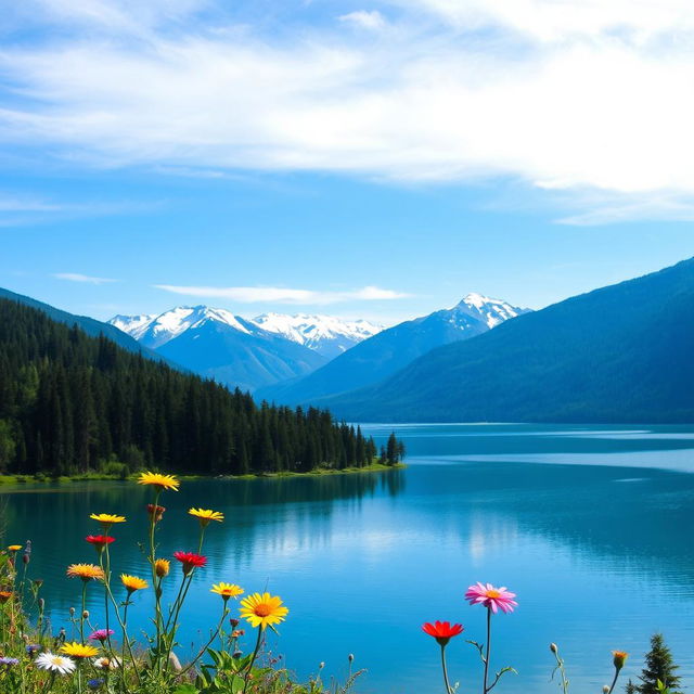 A vast wilderness landscape featuring a serene lake reflecting a clear blue sky, surrounded by lush green forests and distant snow-capped mountains