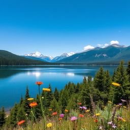 A vast wilderness landscape featuring a serene lake reflecting a clear blue sky, surrounded by lush green forests and distant snow-capped mountains