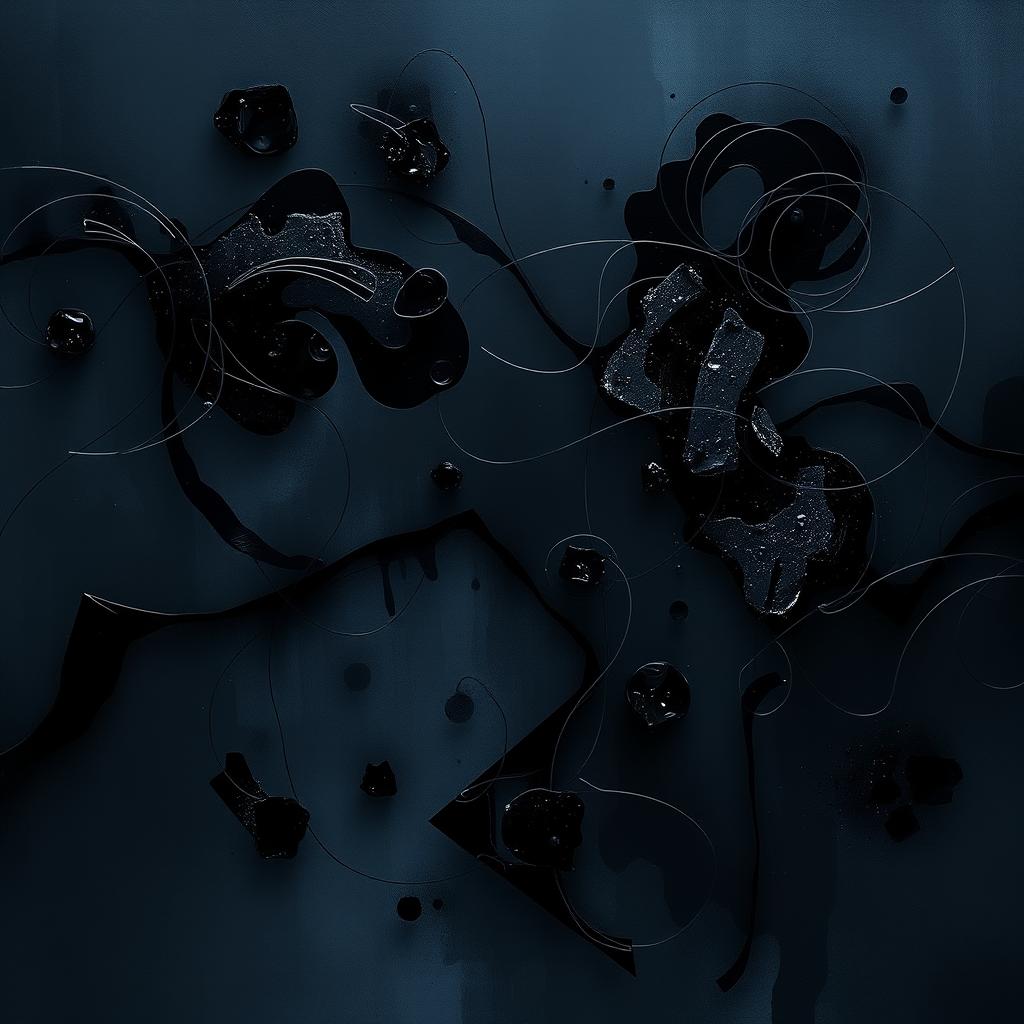 A mysterious and captivating dark abstract composition, combining fluid and geometric shapes in deep shades of black, dark blue, and charcoal gray