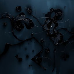 A mysterious and captivating dark abstract composition, combining fluid and geometric shapes in deep shades of black, dark blue, and charcoal gray