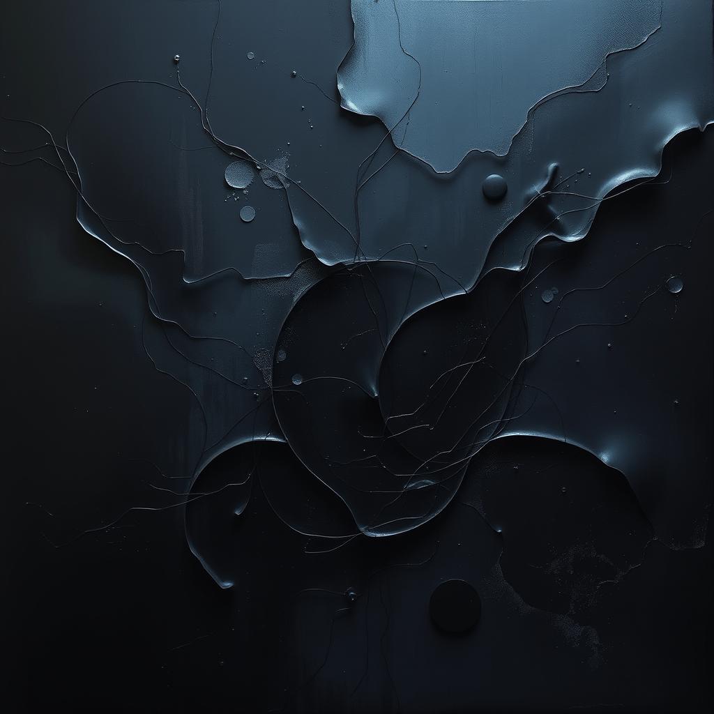 A mysterious and captivating dark abstract composition, combining fluid and geometric shapes in deep shades of black, dark blue, and charcoal gray