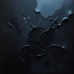 A mysterious and captivating dark abstract composition, combining fluid and geometric shapes in deep shades of black, dark blue, and charcoal gray