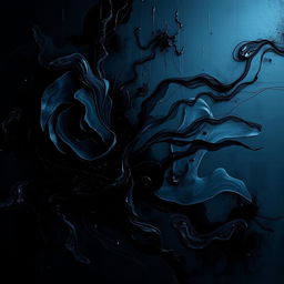 A mysterious and captivating dark abstract composition, combining fluid and geometric shapes in deep shades of black, dark blue, and charcoal gray