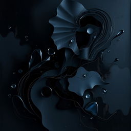 A mysterious and captivating dark abstract composition, combining fluid and geometric shapes in deep shades of black, dark blue, and charcoal gray