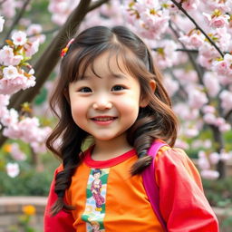 A cute Korean girl with an adorable smile, wearing a stylish and colorful outfit that accentuates her vibrant personality