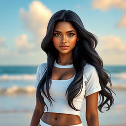 A realistic AI avatar of a Sri Lankan female, aged 18-24, standing confidently in front of a stunning Sri Lankan beach