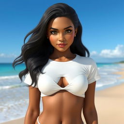 A realistic AI avatar of a Sri Lankan female, aged 18-24, standing confidently in front of a stunning Sri Lankan beach