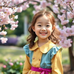 A cute Korean girl with an adorable smile, wearing a stylish and colorful outfit that accentuates her vibrant personality