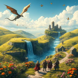 whimsical fantasy landscape with rolling hills and floating islands