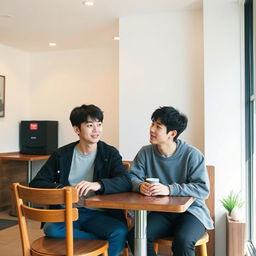 two young Korean men sitting together in a cozy, simple café