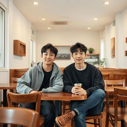 two young Korean men sitting together in a cozy, simple café