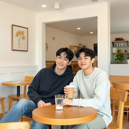 two young Korean men sitting together in a cozy, simple café