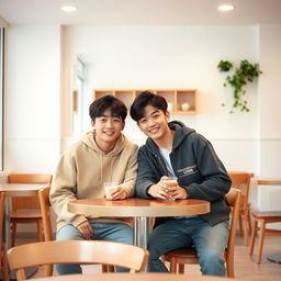 two young Korean men sitting together in a cozy, simple café