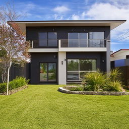 A picturesque two-storey house designed for a family of four, featuring cozy interiors, a spacious backyard playground, and an outdoor parking area.