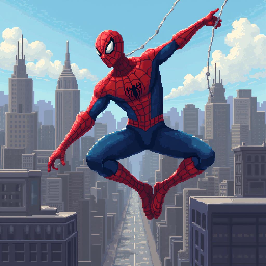 Pixel art style image of Spiderman, resembling an 8-bit video game character