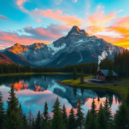 A breathtaking scene of a serene mountain landscape at sunrise, with vibrant colors painting the sky and the first light illuminating the peaks