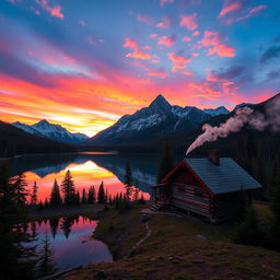 A breathtaking scene of a serene mountain landscape at sunrise, with vibrant colors painting the sky and the first light illuminating the peaks