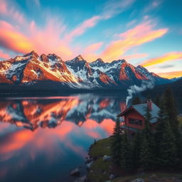 A breathtaking scene of a serene mountain landscape at sunrise, with vibrant colors painting the sky and the first light illuminating the peaks