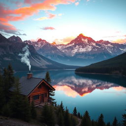 A breathtaking scene of a serene mountain landscape at sunrise, with vibrant colors painting the sky and the first light illuminating the peaks