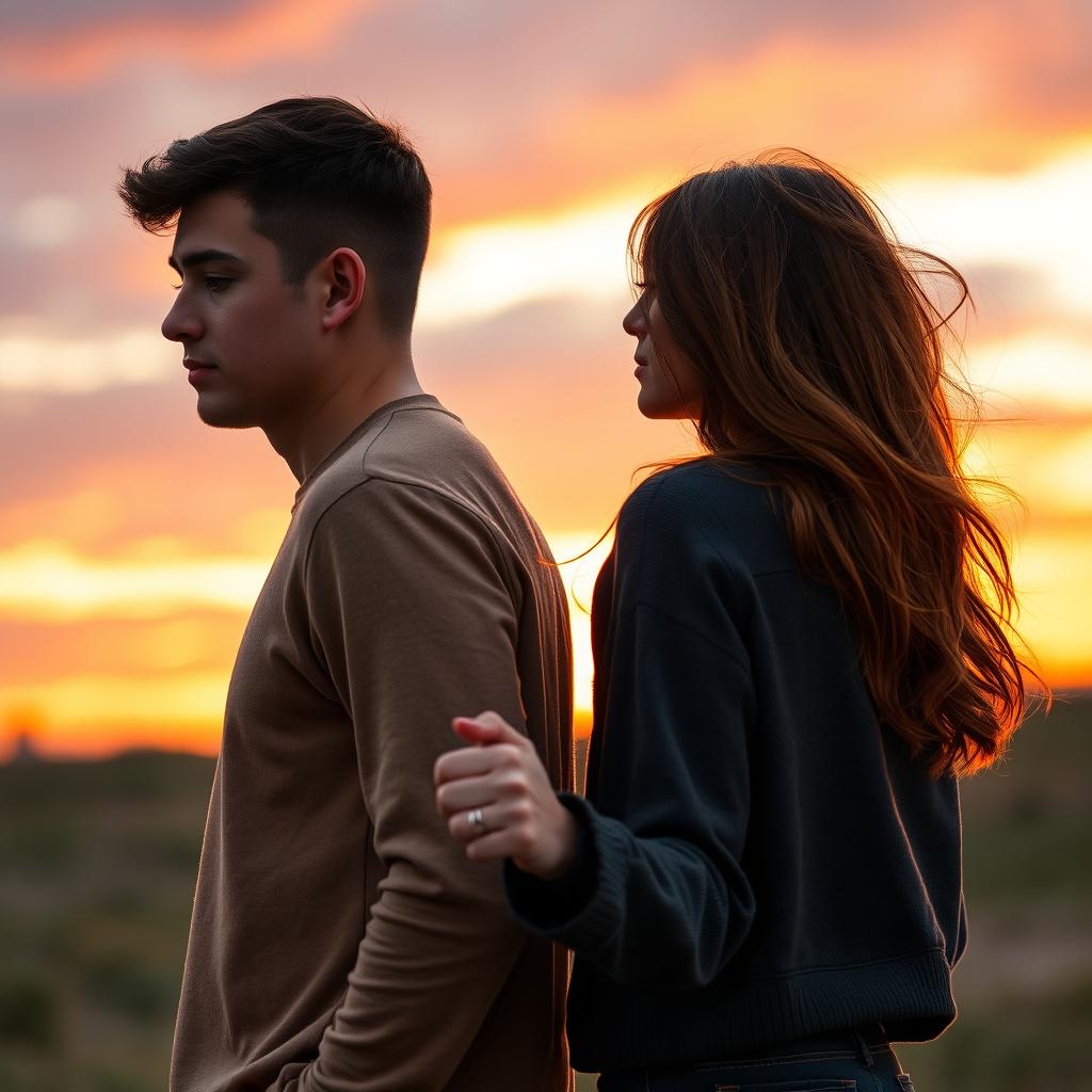 A young man and woman standing back to back, gazing at each other over their shoulders, slightly apart and holding hands