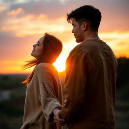 A young man and woman standing back to back, gazing at each other over their shoulders, slightly apart and holding hands