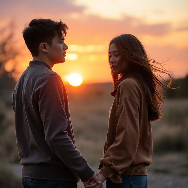 A young man and woman standing back to back, gazing at each other over their shoulders, slightly apart and holding hands