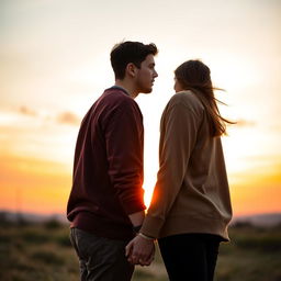 A young man and woman standing back to back, gazing at each other over their shoulders, slightly apart and holding hands