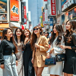 A group of young Korean women, elegantly dressed and showcasing diverse fashion styles in a vibrant urban setting