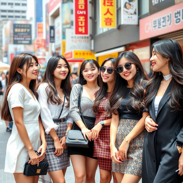 A group of young Korean women, elegantly dressed and showcasing diverse fashion styles in a vibrant urban setting