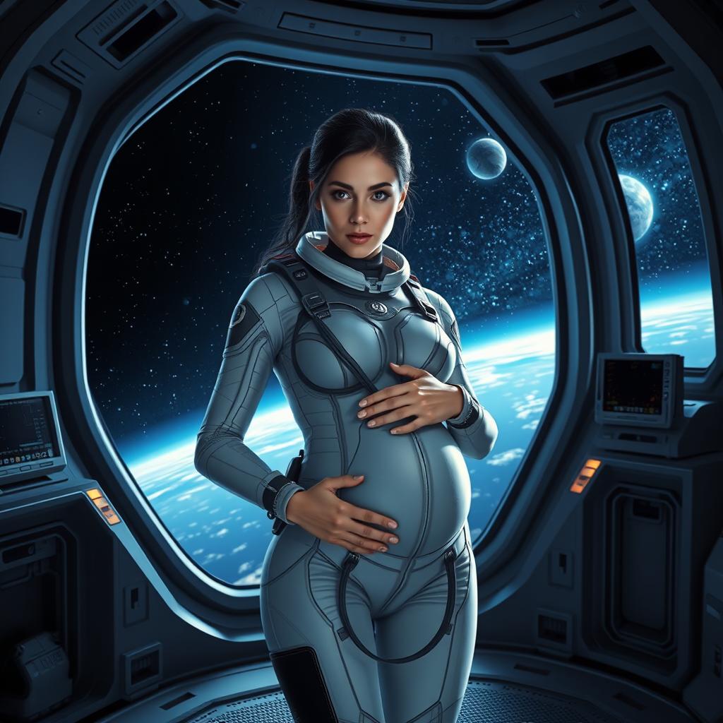 A futuristic scene depicting a woman on a space station, set within the vastness of space