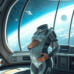 A futuristic scene depicting a woman on a space station, set within the vastness of space