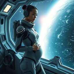 A futuristic scene depicting a woman on a space station, set within the vastness of space