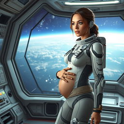 A futuristic scene depicting a woman on a space station, set within the vastness of space