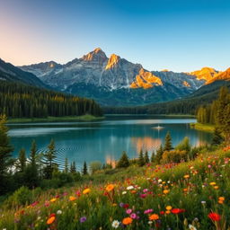 A breathtaking landscape with majestic mountains, a serene lake reflecting the clear blue sky, and a vibrant forest full of lush greenery