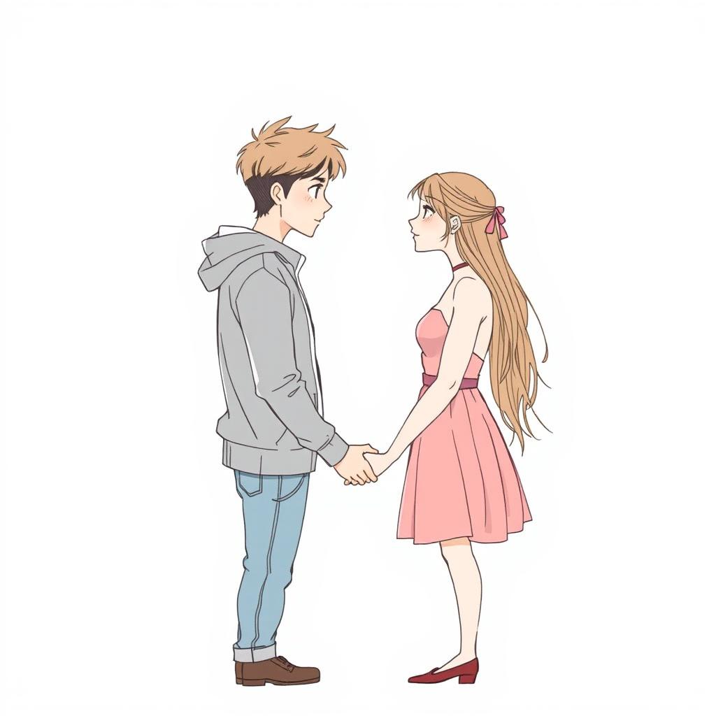 A young man and woman standing sideways facing each other, gazing into each other's eyes, slightly apart and holding hands