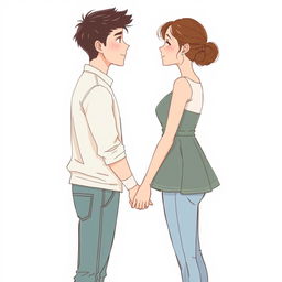 A young man and woman standing sideways facing each other, gazing into each other's eyes, slightly apart and holding hands