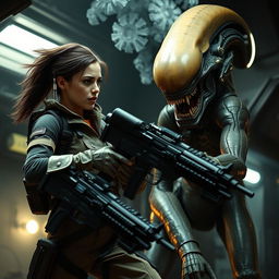 An iconic scene inspired by the Alien franchise, depicting an intense battle between a courageous woman and a fierce alien creature