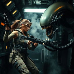 An iconic scene inspired by the Alien franchise, depicting an intense battle between a courageous woman and a fierce alien creature