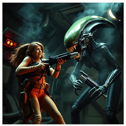 An iconic scene inspired by the Alien franchise, depicting an intense battle between a courageous woman and a fierce alien creature