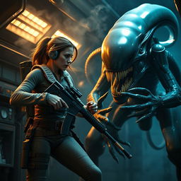 An iconic scene inspired by the Alien franchise, depicting an intense battle between a courageous woman and a fierce alien creature