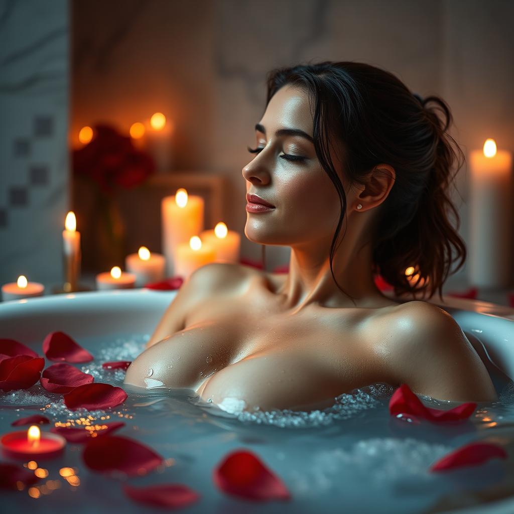 A sensual and intimate scene displaying a luxurious spa environment with a woman relaxing in a hot tub surrounded by candles and rose petals