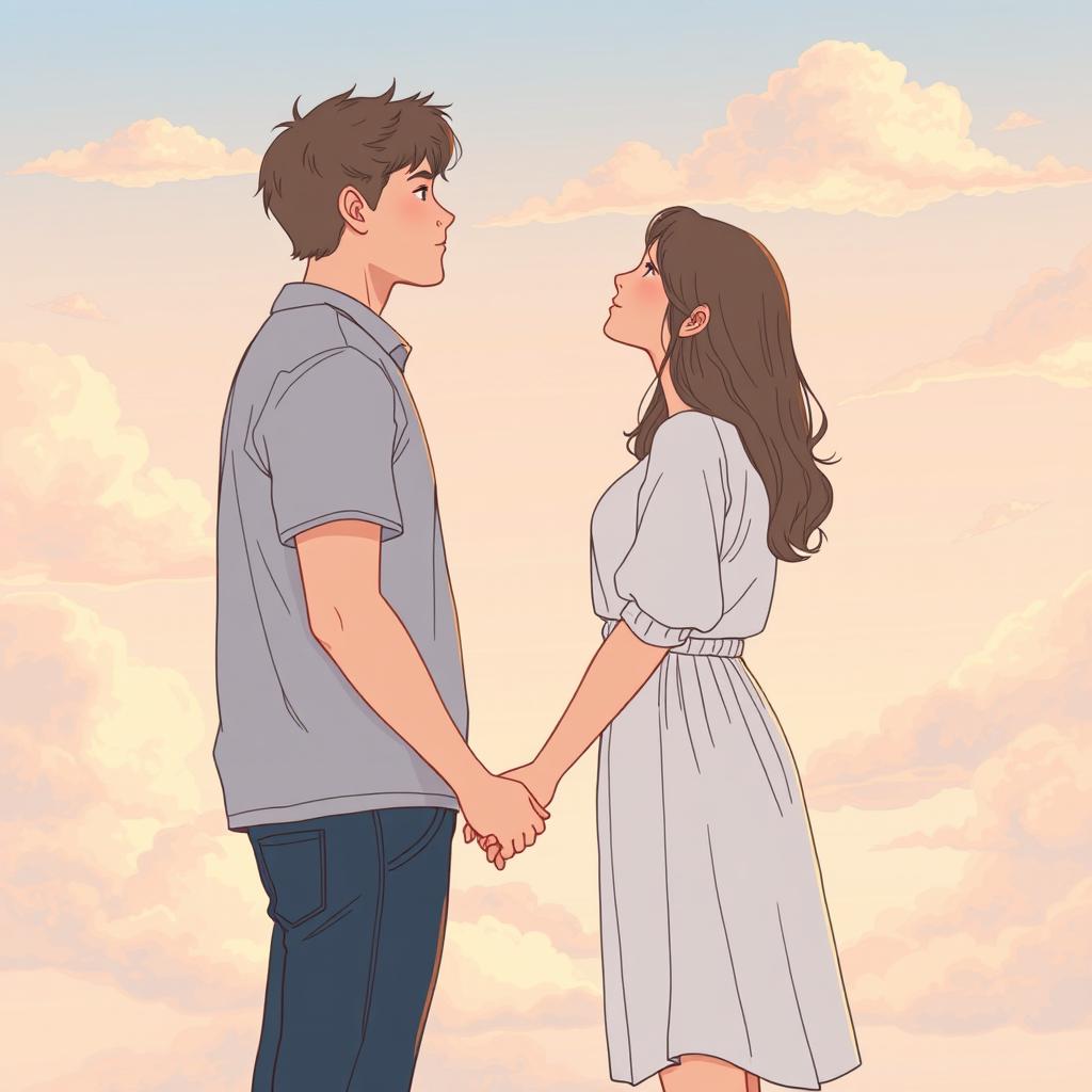 A young man and woman standing sideways facing each other, gazing into each other's eyes, apart but holding hands