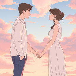 A young man and woman standing sideways facing each other, gazing into each other's eyes, apart but holding hands