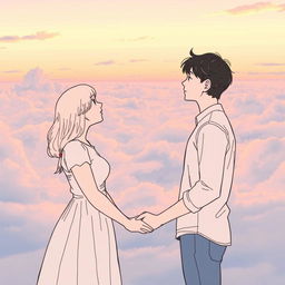 A young man and woman standing sideways facing each other, gazing into each other's eyes, apart but holding hands