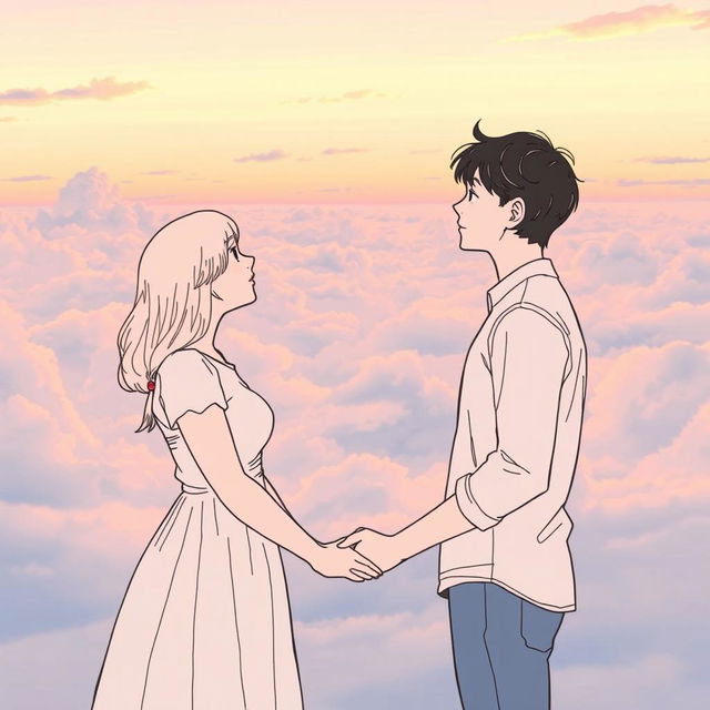 A young man and woman standing sideways facing each other, gazing into each other's eyes, apart but holding hands